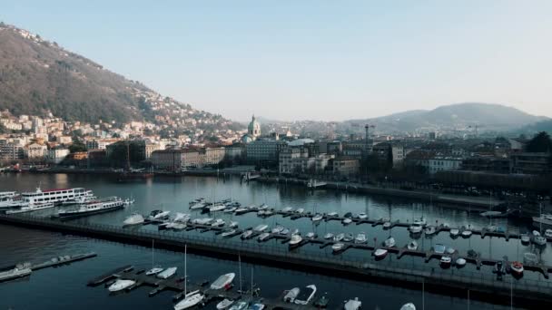 Drone Aéreo Paisagem Porto Lago Como — Vídeo de Stock
