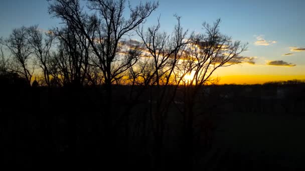 空中ドローン 森の中の夕日の冬の風景 — ストック動画