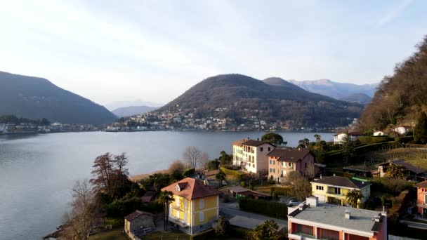 Drone Aéreo Paisagem Inverno Lago Lugano — Vídeo de Stock