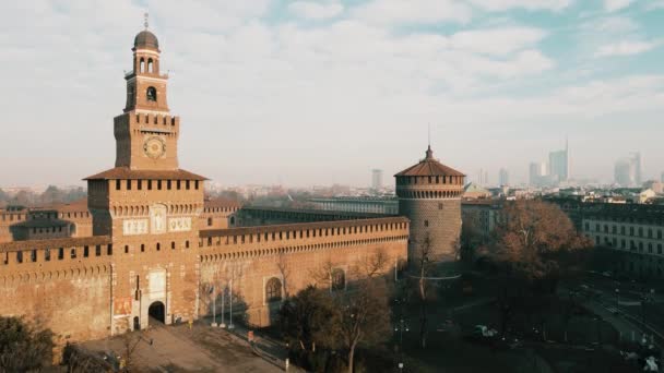 Drone Aereo Paesaggio Mattutino Sul Castello Sforzesco Milano — Video Stock
