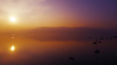 Aerial Drone - Landscape at Sunset with Fog on the Lake