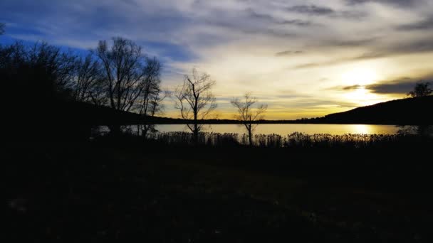 Aerial Drone Landscape Sunset Lake Comabbio — Stockvideo