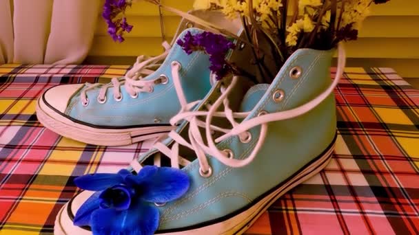 Florale Komposition Mit Bunten Blumen Und Sneakers — Stockvideo
