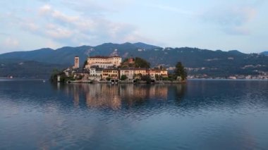 Aerial Drone - Spectacular Morning Landscape on the Island of San Giulio - Lake Orta Italy