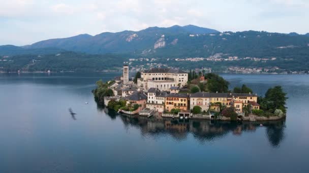Aerial Drone Spectacular Morning Landscape Island San Giulio Lake Orta — стокове відео
