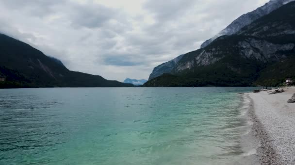 Aerial Drone Cloudy Day Alpine Lake — Stockvideo