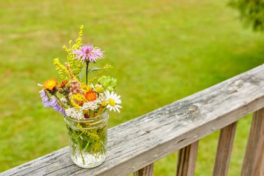Çırılçıplak Ahşap Tırabzanda Yaban Çiçeği Düzenleme Arkaplanda Yeşillik, Yatay Görünüm 2