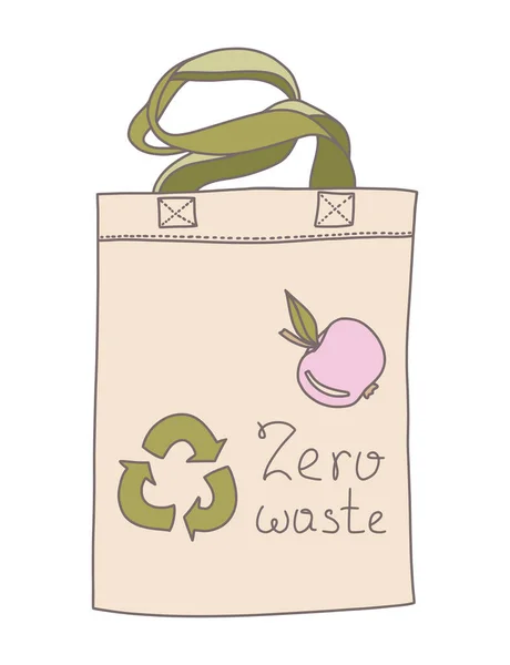 エコスタイル プラスチック ファーマーマーケットの概念でゼロ廃棄物の文言と緑の手描きの繊維袋に移動します 生態系に優しいショッピング ベクターイラスト — ストックベクタ