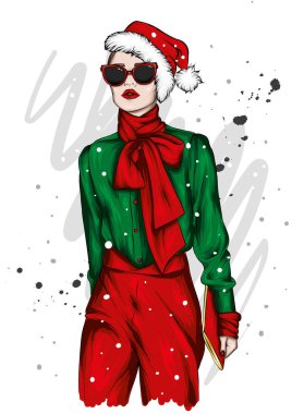 Şık elbiseli ve Noel şapkalı güzel bir kız. Yeni yıl ve Noel, bir kartpostalda baskı.