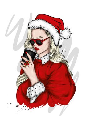 Şık elbiseli ve Noel şapkalı güzel bir kız. Yeni yıl ve Noel, bir kartpostalda baskı.