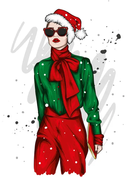 Belle Fille Dans Des Vêtements Élégants Chapeau Noël Nouvel Noël — Image vectorielle