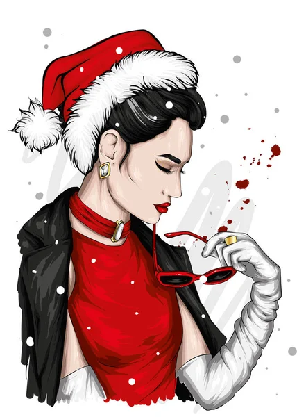 Şık elbiseli ve Noel şapkalı güzel bir kız. Yeni yıl ve Noel, bir kartpostalda baskı.