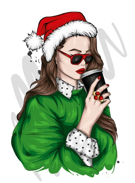 Şık elbiseli ve Noel şapkalı güzel bir kız. Yeni yıl ve Noel, bir kartpostalda baskı.