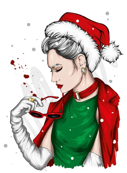 Şık elbiseli ve Noel şapkalı güzel bir kız. Yeni yıl ve Noel, bir kartpostalda baskı.