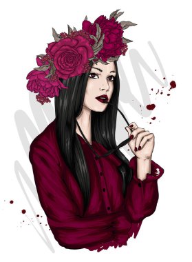 Gül ve şakayık çelengi içinde güzel bir kız. Çiçekler. Bir kartpostal veya poster için vektör illüstrasyonuName.