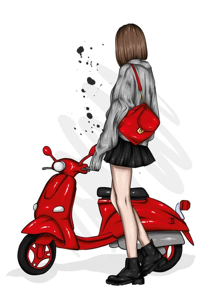 Schöne Mädchen Stilvoller Kleidung Und Einem Vintage Moped Mode Und — Stockvektor