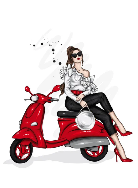 Gyönyörű Lány Elegáns Ruhákban Egy Vintage Moped Divat Stílus Ruházat — Stock Vector