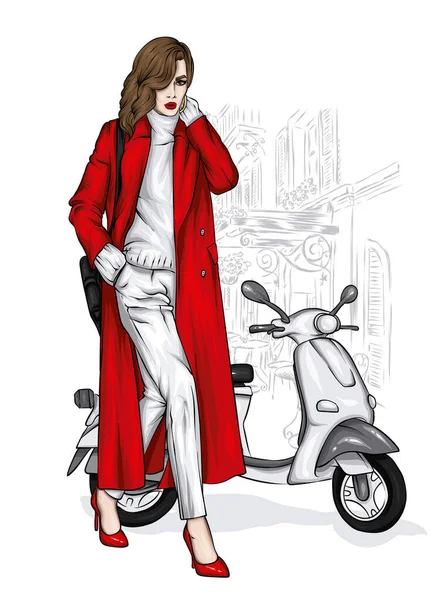 Hermosa Chica Con Ropa Elegante Ciclomotor Vintage Moda Estilo Ropa — Vector de stock