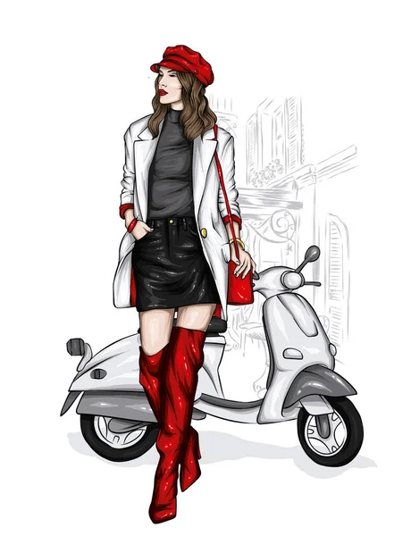 Krásná Dívka Stylovém Oblečení Retro Moped Móda Styl Oblečení Doplňky — Stockový vektor