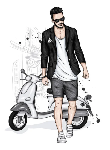 Handsome Guy Stylish Clothes Vintage Moped Fashion Style Clothing Accessories — Stock Vector