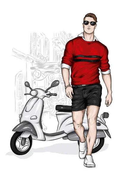 Beau Mec Dans Des Vêtements Élégants Cyclomoteur Vintage Mode Style — Image vectorielle