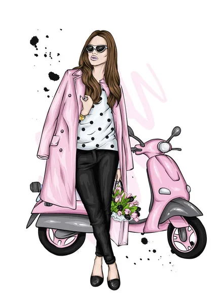 Fată Frumoasă Haine Elegante Moped Epocă Modă Stil Îmbrăcăminte Accesorii — Vector de stoc