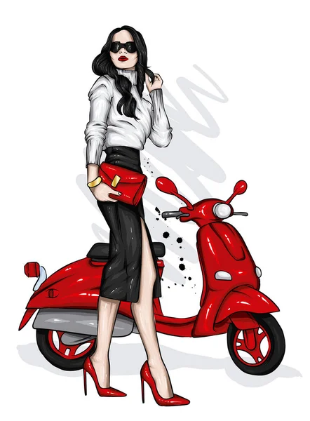 Piękna Dziewczyna Stylowych Ubraniach Vintage Motorower Moda Styl Ubrania Akcesoria — Wektor stockowy
