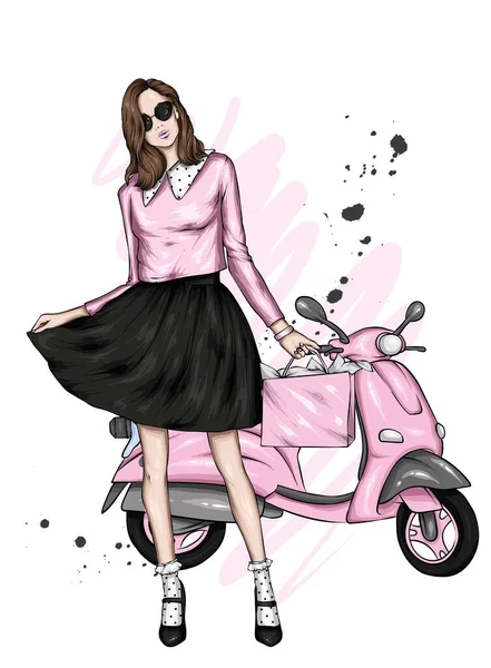 Şık Kıyafetler Içinde Güzel Bir Kız Klasik Bir Motosiklet Moda — Stok Vektör