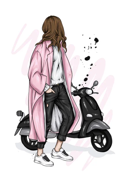 Belle Fille Dans Des Vêtements Élégants Cyclomoteur Vintage Mode Style — Image vectorielle