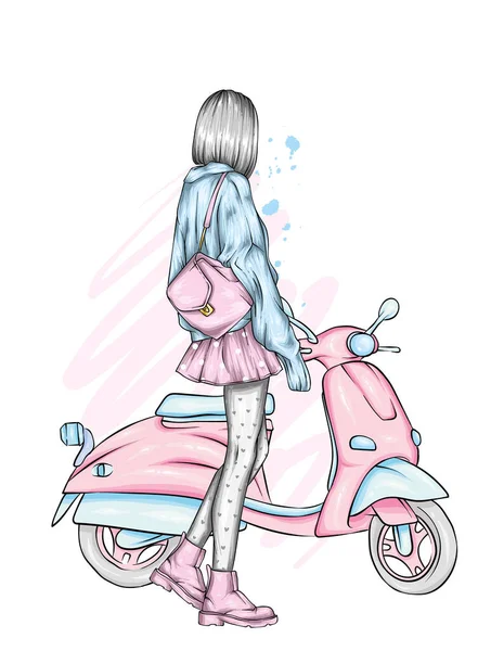 Beautiful Girl Stylish Clothes Vintage Moped Fashion Style Clothing Accessories — Stock Vector