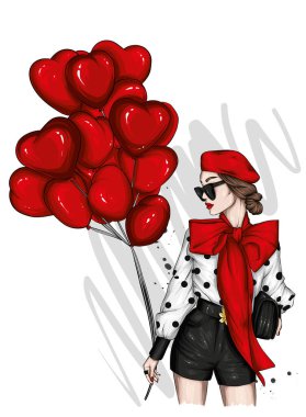 Şık kıyafetler içinde güzel bir kız ve kupa şeklinde bir balon. Moda, tarz, giysi ve aksesuarlar. Vektör illüstrasyonu.