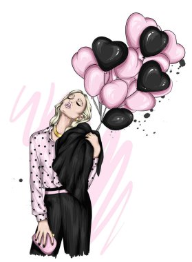 Şık kıyafetler içinde güzel bir kız ve kupa şeklinde bir balon. Moda, tarz, giysi ve aksesuarlar. Vektör illüstrasyonu.