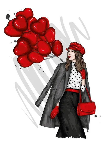 Hermosa Chica Con Ropa Elegante Globo Forma Corazones Moda Estilo — Vector de stock