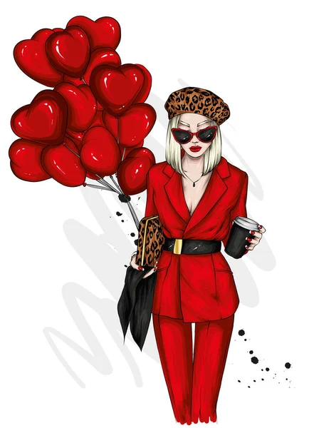 Hermosa Chica Con Ropa Elegante Globo Forma Corazones Moda Estilo — Vector de stock