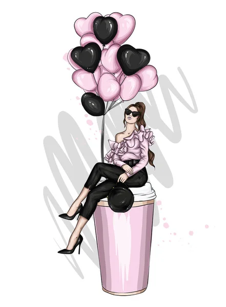 Mooi Meisje Stijlvolle Kleding Hartvormige Ballonnen Liefde Valentijnsdag Mode Stijl — Stockvector