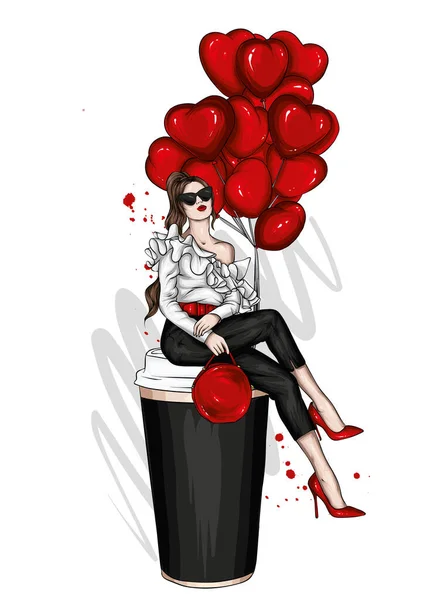 Mooi Meisje Stijlvolle Kleding Hartvormige Ballonnen Liefde Valentijnsdag Mode Stijl — Stockvector