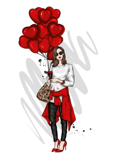 Hermosa Chica Con Ropa Elegante Globo Forma Corazones Moda Estilo — Vector de stock