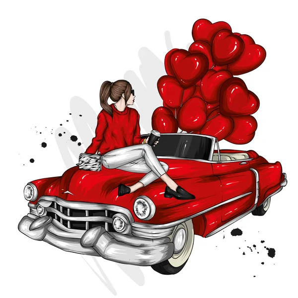 Прекрасна Дівчина Стильному Одязі Кульки Формі Сердець Автомобіль Ретро Валентинів — стоковий вектор