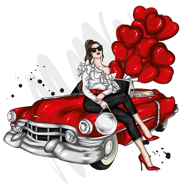 Piękna Dziewczyna Stylowych Ubraniach Balony Kształcie Serc Samochód Retro Walentynki — Wektor stockowy