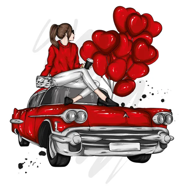 一个穿着时髦衣服的漂亮姑娘 心形的气球和一辆复古汽车 情人节 时尚与时尚 — 图库矢量图片