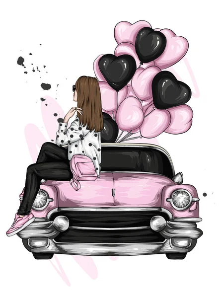 一个穿着时髦衣服的漂亮姑娘 心形的气球和一辆复古汽车 情人节 时尚与时尚 — 图库矢量图片