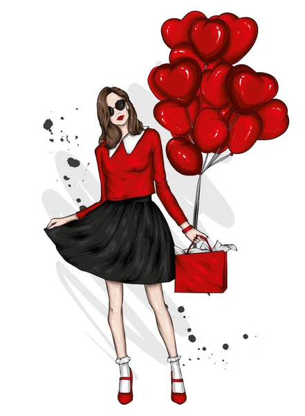 Schöne Mädchen Stilvollen Kleidern Und Einem Luftballon Form Von Herzen — Stockvektor