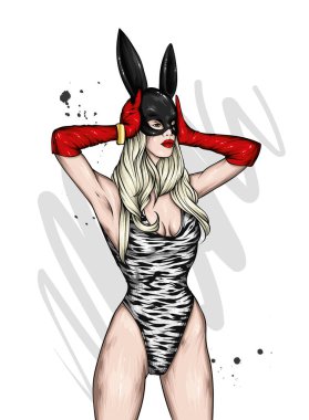 Güzel kız seksi iç çamaşırı ve bir maske. Aşk, seks, bdsm. Vektör çizim için tebrik kartı veya poster, elbiselere yazdırma