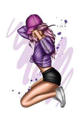 Şık giyinmiş güzel bir kız. Moda ve tarz, vektör illüstrasyonu.