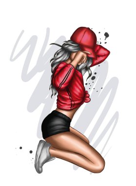 Şık giyinmiş güzel bir kız. Moda ve tarz, vektör illüstrasyonu.