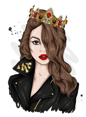 Taç giymiş güzel bir kızın portresi. Vektör çizimi. Moda ve Tarz.