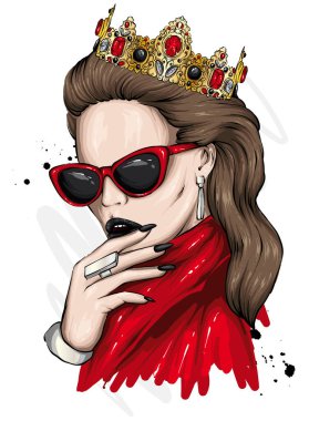 Taç giymiş güzel bir kızın portresi. Vektör çizimi. Moda ve Tarz.