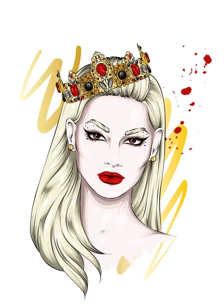 Portrait Beautiful Girl Crown Vector Illustration Fashion Style — стоковый вектор