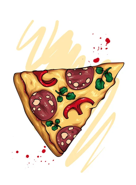 Hermoso Pedazo Pizza Con Queso Salchichas Verduras Alimentos Hornear — Vector de stock