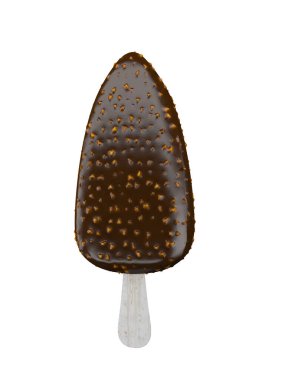 Beyaz arka plan, iş yolu veya kırpma yolu üzerinde izole edilmiş fındıklı çikolatalı dondurma çubuğunun üç boyutlu çizimi